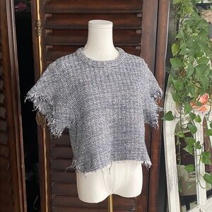 IRO Cropped Tweed Blue Black Raw Hem Top 38 Small Medium